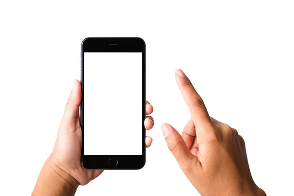 Kobieta Ręka Trzyma Makietę Smartfon Pusty Biały Ekran Kobiecy Dotyk — Zdjęcie stockowe