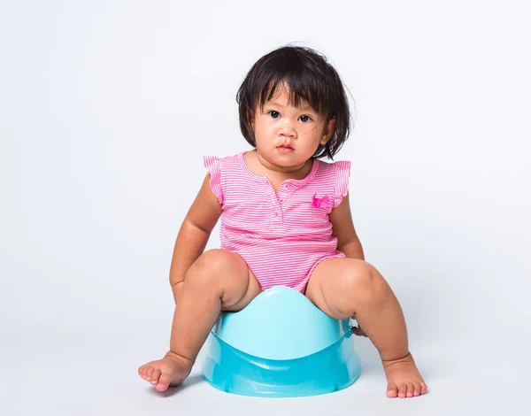 Aziatisch Klein Schattig Baby Meisje Onderwijs Opleiding Tot Zitten Blauwe — Stockfoto