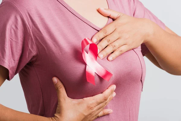 Breast Cancer Awareness Healthcare Medicine Concept Close Asian Woman Wear — Stock Photo, Image