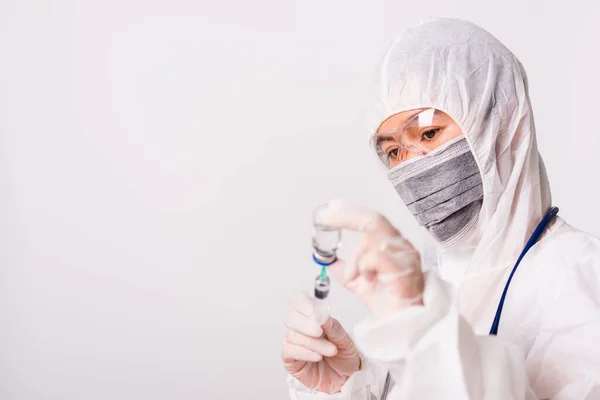 Closeup Hand Woman Doctor Scientist Ppe Suite Uniform Wearing Face — Stock Photo, Image