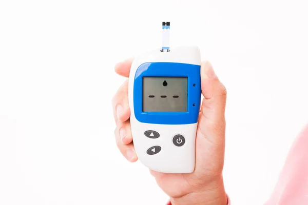 Hände Großaufnahme Frau Misst Den Glukosetest Und Überprüft Glukometer Den — Stockfoto