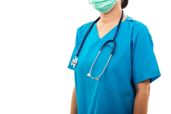 Infermiera Fiduciosa Piedi Con Stetoscopio Medico Donna Uniforme Blu Colpo — Foto Stock