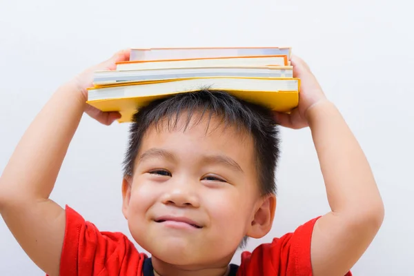 Back School Asian Student Boy Kid Stack Book Balanced Head — Stock fotografie