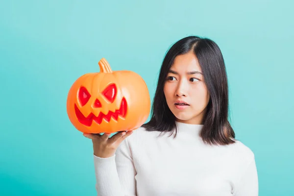 Portrait Belle Jeune Femme Asiatique Tenant Des Citrouilles Modèle Orange — Photo