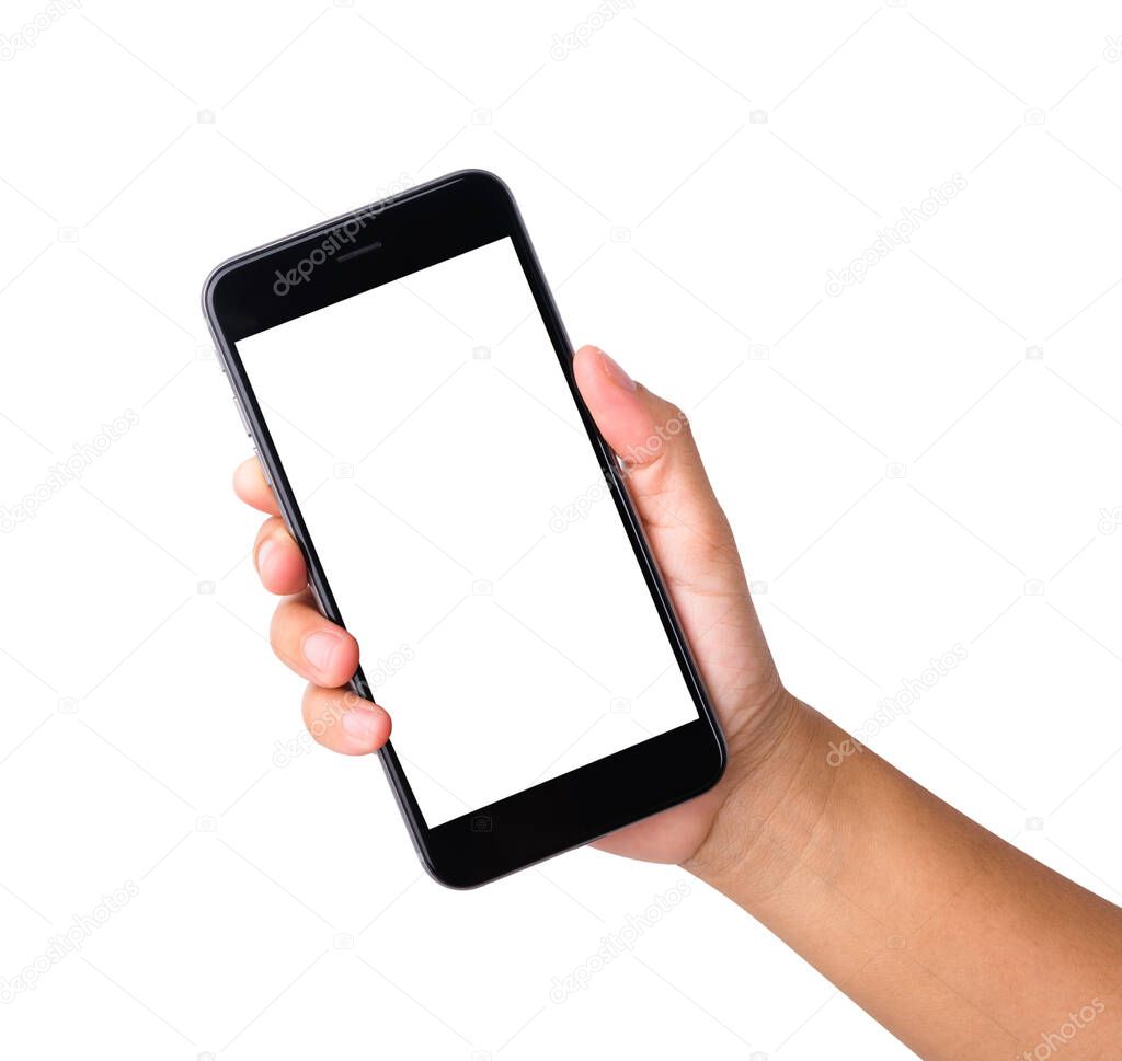 Woman hand holding a smartphone blank white screen. Female holds the modern mobile phone on hands studio shot isolated on over white background with clipping mask path on the phone and screen