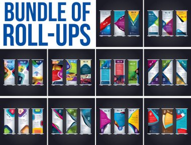 Roll paket tasarım, kurumsal iş, broşür, el ilanı, afiş, tanıtım, x-afiş dönüştürmek kolay ve bayrak-banner, modern düzen için dikey şablon.