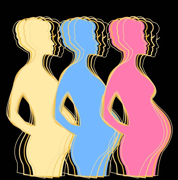 Stijlvolle Zwangere Vrouwen Vector Illustratie Geïsoleerd Zwarte Achtergrond Drie Gekleurde — Stockvector