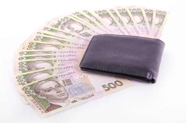 Money Background Ukrainian Hryvnia Isolated White Background Black Wallet Nearby — Stock Photo, Image