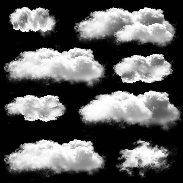 Nuvens brancas formas isoladas sobre fundo preto — Fotografia de Stock