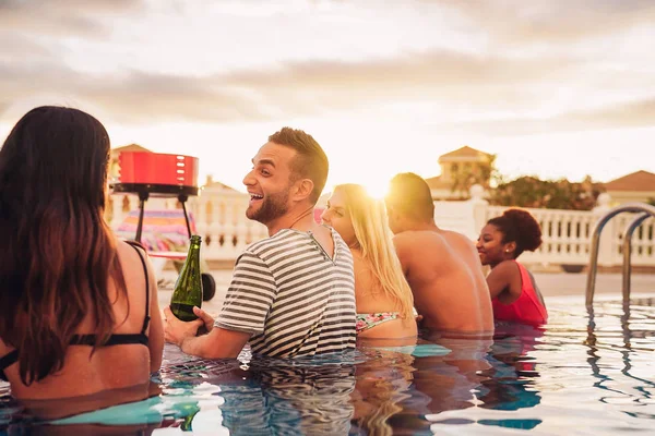 Happy Friends Making Pool Party Drinking Champagne Poolside Young People — Stock Photo, Image