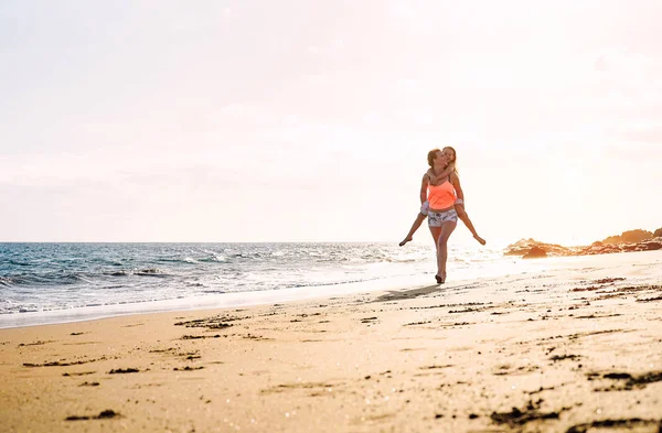 Happy Loving Family Mother Daughter Running Having Fun Beach Sunset — Stock Photo, Image