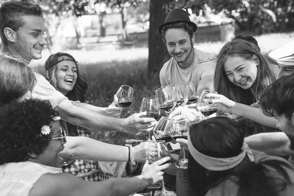 Group People Cheering Red Glasses Wine Happy Young Friends Enjoying — Stock Photo, Image