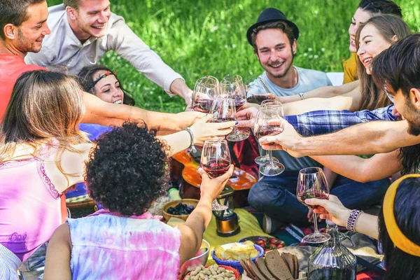 屋外の飲食を楽しんでの若者 友情と青春の休日ライフ スタイル コンセプトでピクニック バーベキューで赤ワイングラスを持つ応援幸せな若い友人のグループ — ストック写真