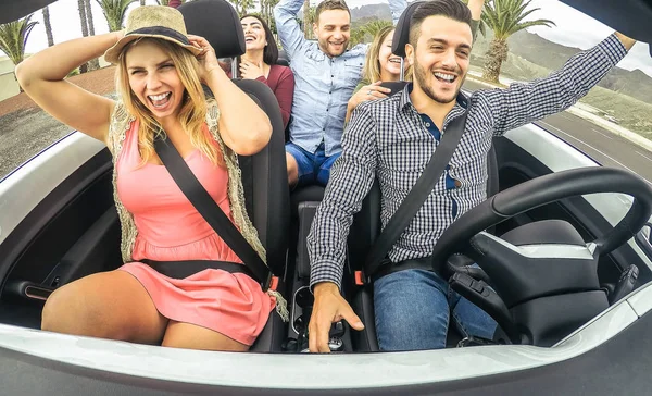 Happy Friends Having Fun Dancing Convertible Car Vacation Young People — Stock Photo, Image