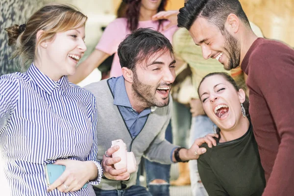 Group Friends Laughing Together Underground Metropolitan Station Young People Having — Stock Photo, Image