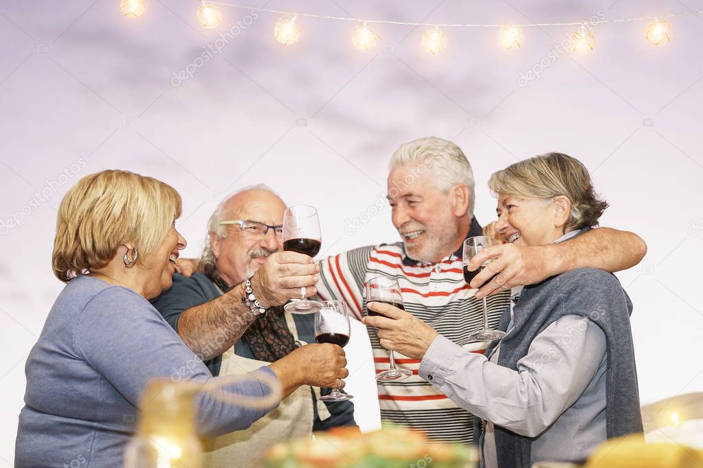 Happy senior friends toasting with red wine at barbecue dinner in terrace - Mature people dining and cheering together drinking wine on rooftop - Friendship and elderly lifestyle concept