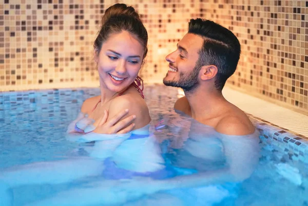 Happy Young Couple Doing Swimming Pool Spa Center Day Romantic — Stock Photo, Image