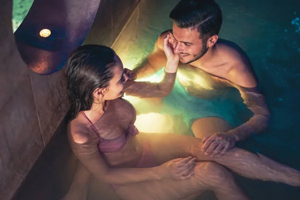 Romantic Couple Doing Swimming Pool Spa Center Valentine Day Happy — Stock Photo, Image