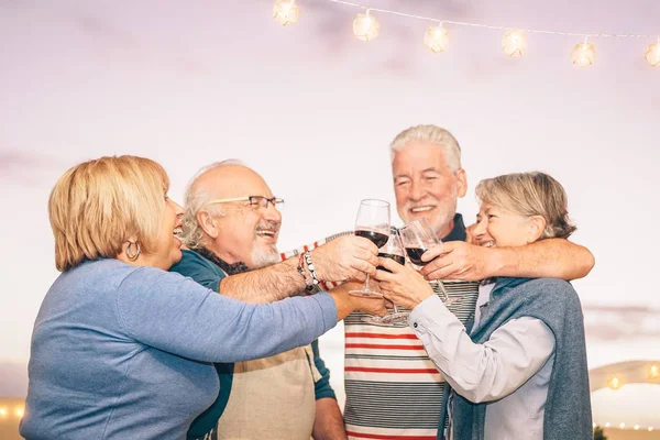 Fröhliche Seniorenfreunde Beim Jubeln Und Anstoßen Mit Rotwein Auf Der — Stockfoto