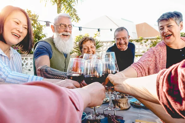 Happy Senior Friends Toasting Red Wine Glasses Dinner Patio Mature — Stok Foto