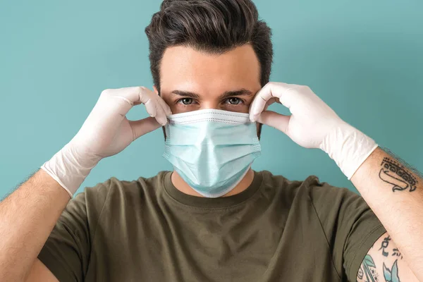 Young Man Portrait Wearing Surgical Face Mask Gloves People Self — Stock Photo, Image