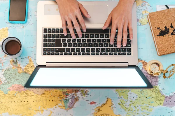 Top View Female Hands Using Laptop World Map Booking Next — Stock Photo, Image