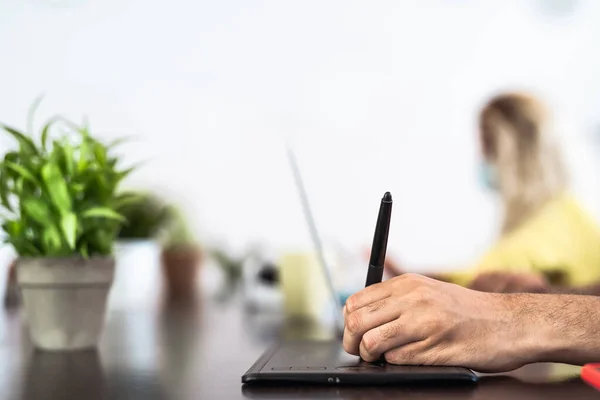 Close Male Hand Working Working Creative Space Keeping Social Distance — Stock Photo, Image