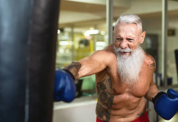 Senior Man Boxer Training Hard Elderly Male Boxing Sport Gym — Stock Photo, Image