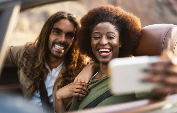 Happy Young Couple Taking Selfie Mobile Smartphone While Doing Road Royalty Free Stock Images