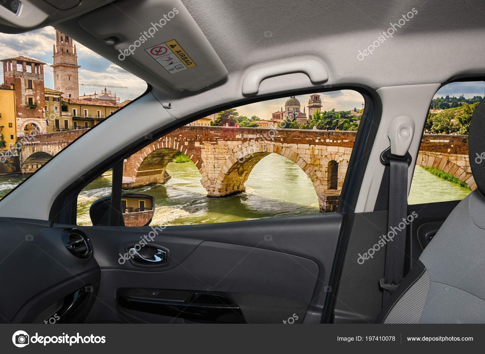 Looking Car Window View Ancient Roman Bridge Called Ponte Pietra