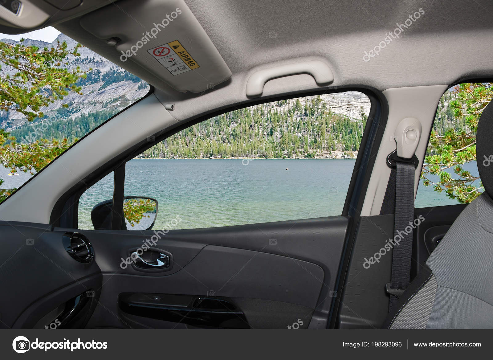 Looking Car Window View Beautiful Green Valley Lake Yosemite