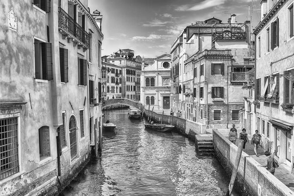 VENICE, ITALY - APRIL 29: View over the scenic architecture along the canal Rio de la Pleta, in Castello district of Venice, Italy, April 29, 2018