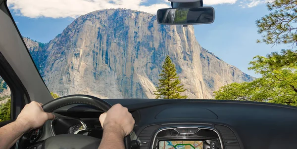 Driving Car Capitan Iconic Mountain Yosemite National Park California Usa — Stock Photo, Image