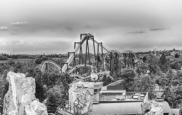 stock image CASTELNUOVO DEL GARDA, ITALY - MAY 1: Rollercoaster inside Gardaland Amusement Park, near Lake Garda, Italy, May 1, 2018. The park attracts nearly 3 million visitors every year