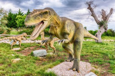 SAN MARCO IN LAMIS, ITALY - JUNE 9: Carcharodontosaurus dinosaur, featured in the Dino Park in San Marco in Lamis, small town in southern Italy, June 9, 2018 clipart