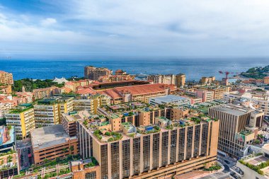 Louis II Stadyumu 'nun hava manzarası. Monaco, Cote d 'Azur, Fransız Riviera bölgesinin Fontvieille ilçesinde yer almaktadır.