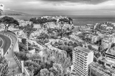Monte Carlo 'nun panoramik manzarası, La Condamine, Monako şehri ve Fontvieille limanı, Monako Prensliği, Cote d' Azur, Fransız Rivierası