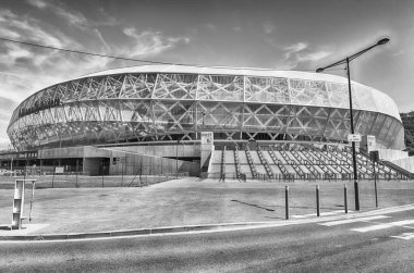 Nice, FRANCE - 16 Ağustos 2019 'da Allianz Riviera Stade de Nice, Cote d' Azur 'un dış görünüşü. Stadyum, OGC Güzel futbol kulübü maçlarına ev sahipliği yapıyor.