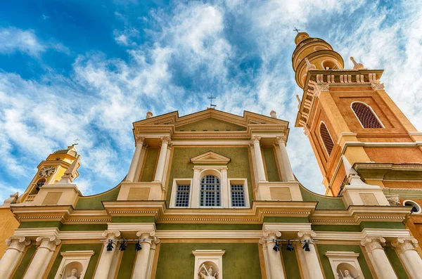 The beautiful facade and architecture of the Basilica Saint-Michel-Archange in Menton, picturesque city in the Provence-Alpes-Cote d\'Azur region on the French Riviera, close to the Italian border