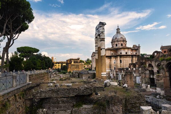 View to ruins of Roman Forum in city of Rome. The Roman Forum.  Rome, Italy.