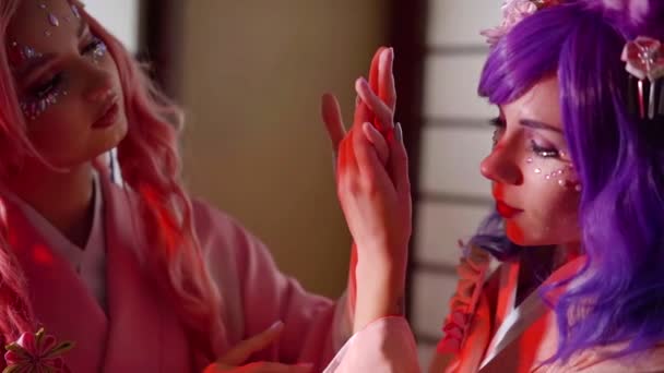 Close Up Of Two Sweet Anime Girls Posing In Pink Kimono And