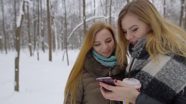 hezká mladá žena ukazuje vtipné video na její přítelkyni pomocí mobilního telefonu, stojící v zasněženém lese
