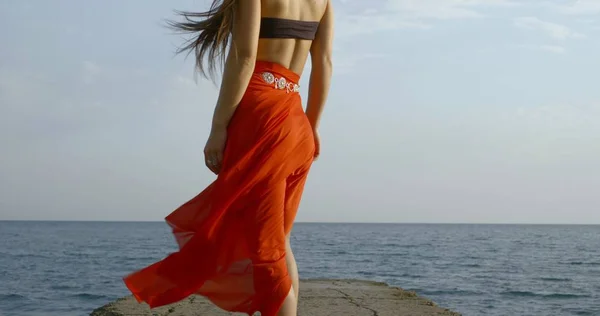 Young long-haired beautiful girl who is on the background of the sea and the sky, she wears a top and a long Oriental skirt