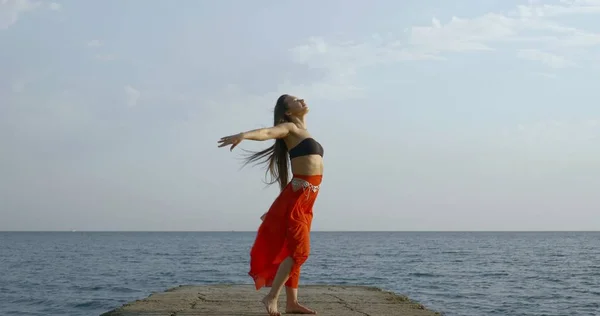 Young long-haired beautiful girl who is on the background of the sea and the sky, she wears a top and a long Oriental skirt. Shes back, dancing, the wind ruffles her hair and skirt.