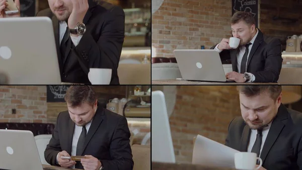a collage of four videos. a man in a business suit is sitting in a cafe, communicating via video link, drinking coffee, writing