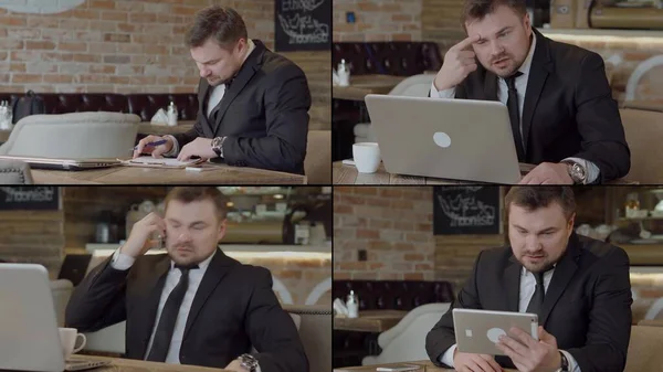 a collage of four videos. a man in a business suit is working at a laptop in a cafe, talking on the phone, writing