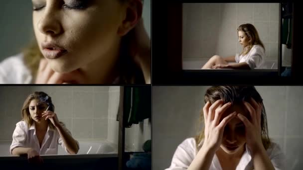 egy négy videóból álló kollázs. szomorú lány ül a kádban, dohányzik, megérinti a haját és arcát