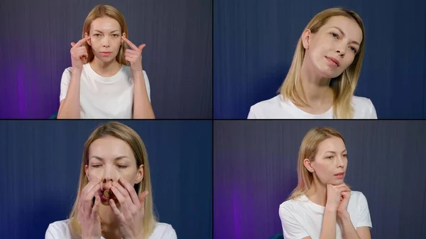 anti-wrinkle massage and gymnastic at home, woman is demonstrating exercises for face, collage