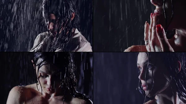 a collage of four videos. portrait of a woman with long hair in the dark in the rain. she poses, touches her lips, looks down,