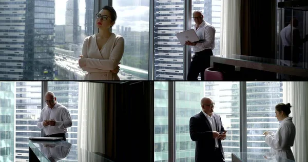 a collage of four videos. a man and a woman talk, drink coffee, use a laptop in an apartment with large Windows. behind them you can see high-rise city buildings,